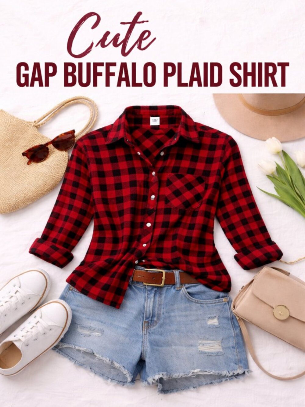 GAP Plaid Button Down Shirt Medium Red Black Lightweight Flannel Casual Spring